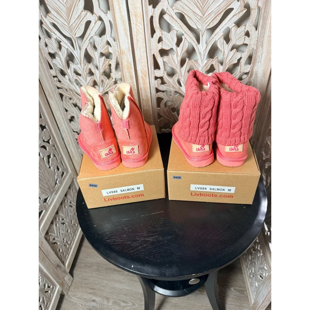 Livboots Kids Salmon Pink Faux Suede Winter Boots Cable Knit Sweater Cuff NEW